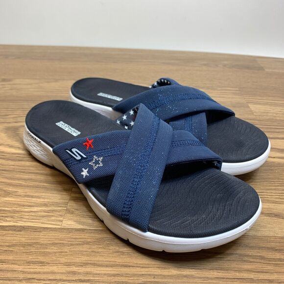 Skechers GOWalk Flex Vegan Patriotic Slide Sandals Sparkles Navy Size 9 141438 - Picture 1 of 12